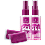 Optix 55 Gel Lens Cleaner Kit front view with pink spray bottles and microfiber cloths.