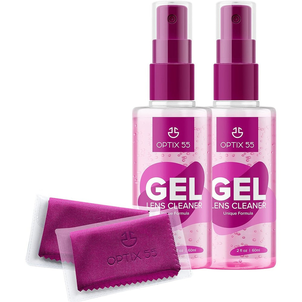 Optix 55 Gel Lens Cleaner Kit front view with pink spray bottles and microfiber cloths.