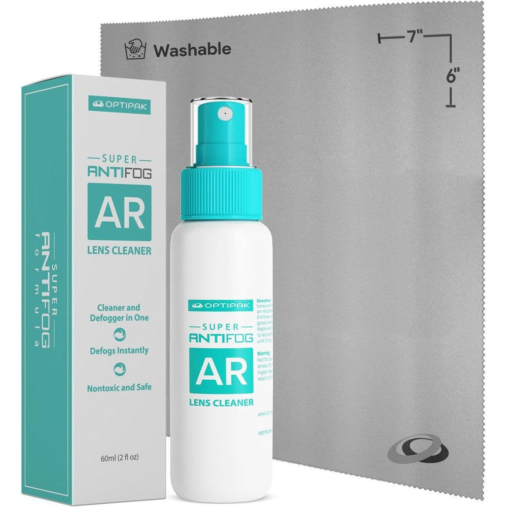 Optipak Anti Fog Lens Cleaner Spray Kit front packaging view showcasing the spray bottle and microfiber cloth.