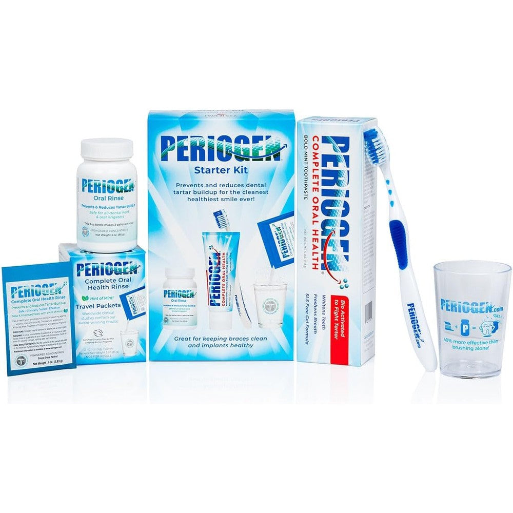 Periogen Oral Care Starter Kit front view showing rinse and toothpaste