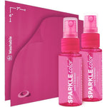 Optipak Sparkle Anti Reflective Safe Lens Cleaner Spray Kit front view showing two pink bottles and microfiber cloths.