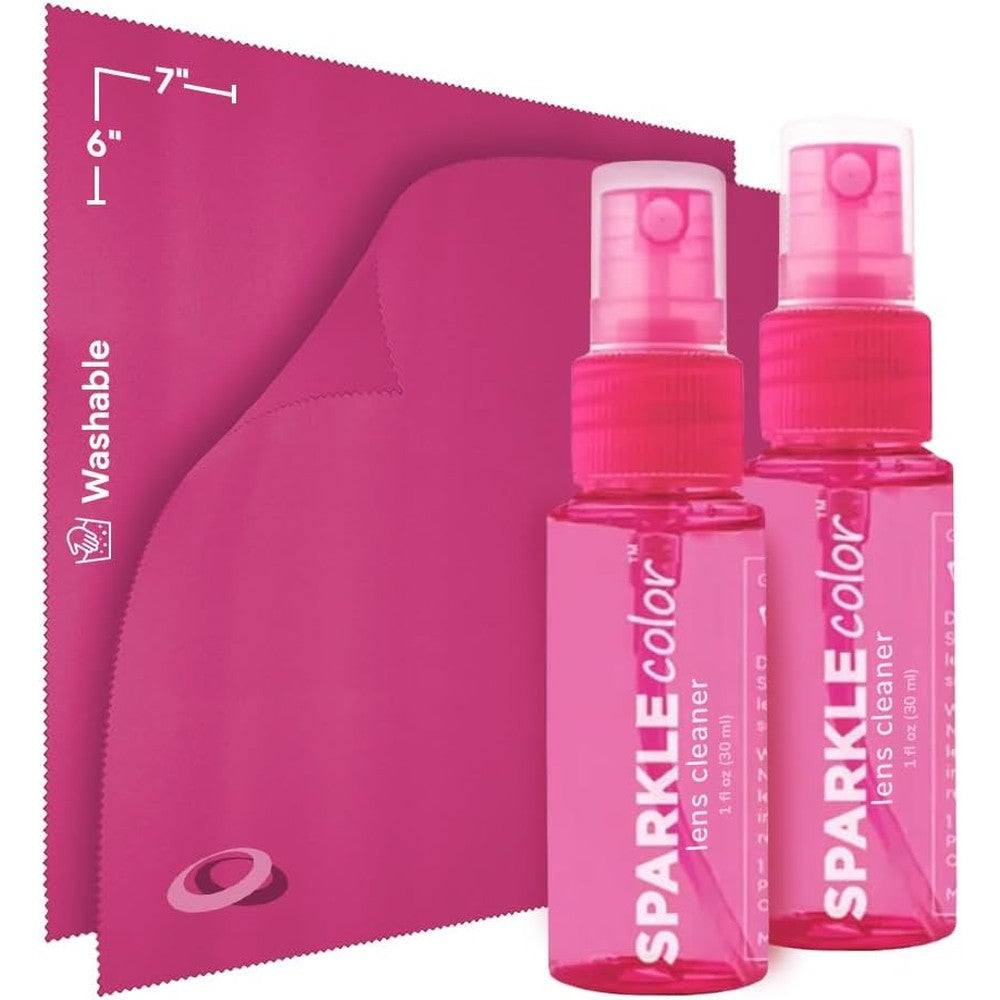 Optipak Sparkle Anti Reflective Safe Lens Cleaner Spray Kit front view showing two pink bottles and microfiber cloths.