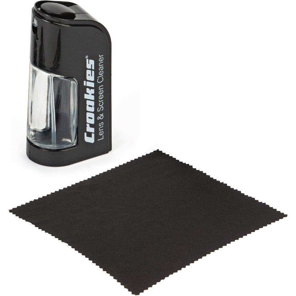 Croakies All in One Lens Cleaning Kit front view featuring the black portable spray bottle and integrated microfiber cloth.