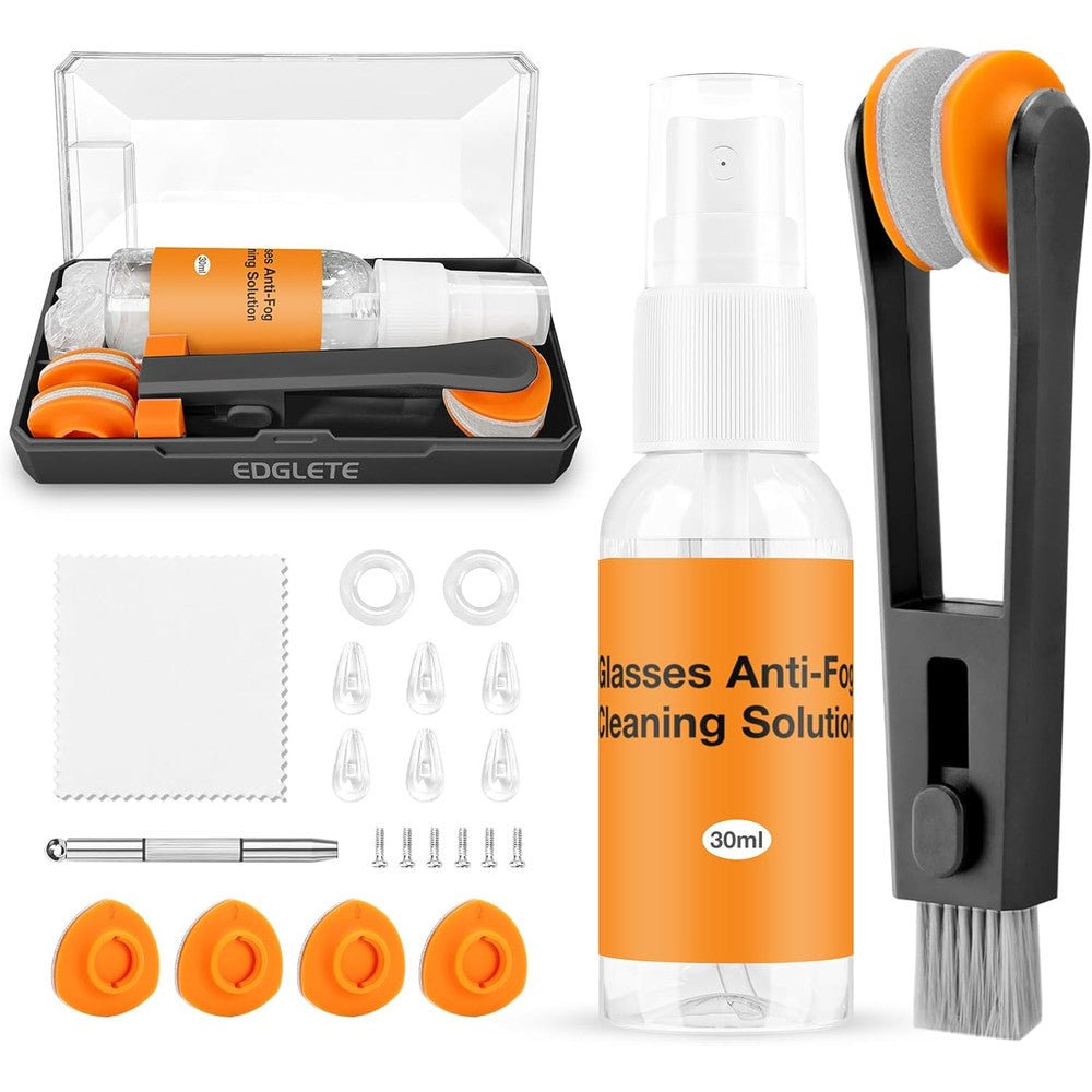 Edglete eyeglass cleaning kit front view showing black travel case and premium spray bottle