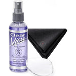 Glare Guard G Clear View Lens Cleaner front view of the professional spray bottle with microfiber cloth.