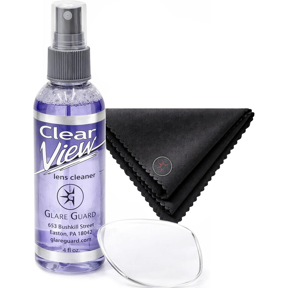 Glare Guard G Clear View Lens Cleaner front view of the professional spray bottle with microfiber cloth.