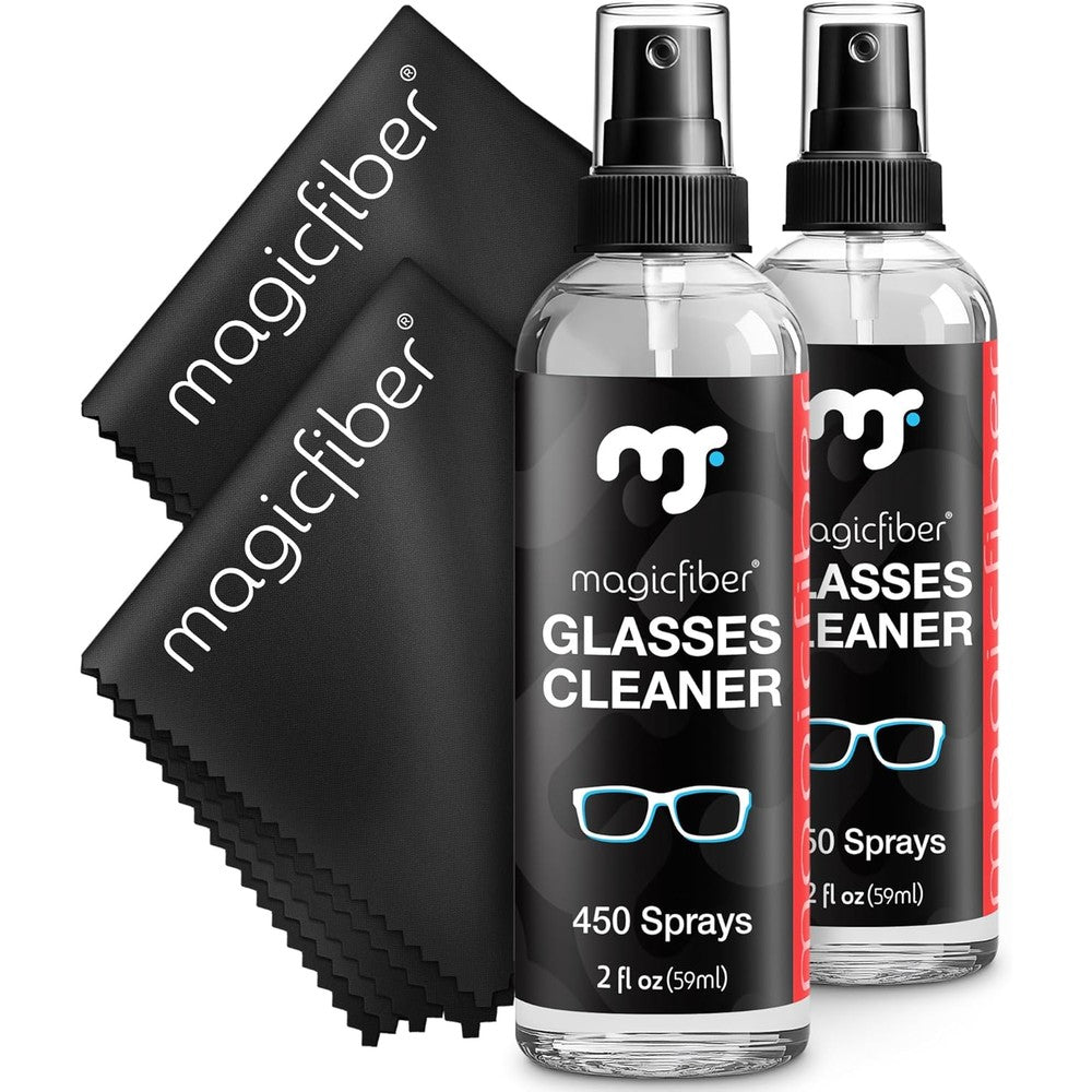 MagicFiber Glasses Cleaner Kit front view displaying two spray bottles and two cleaning cloths.