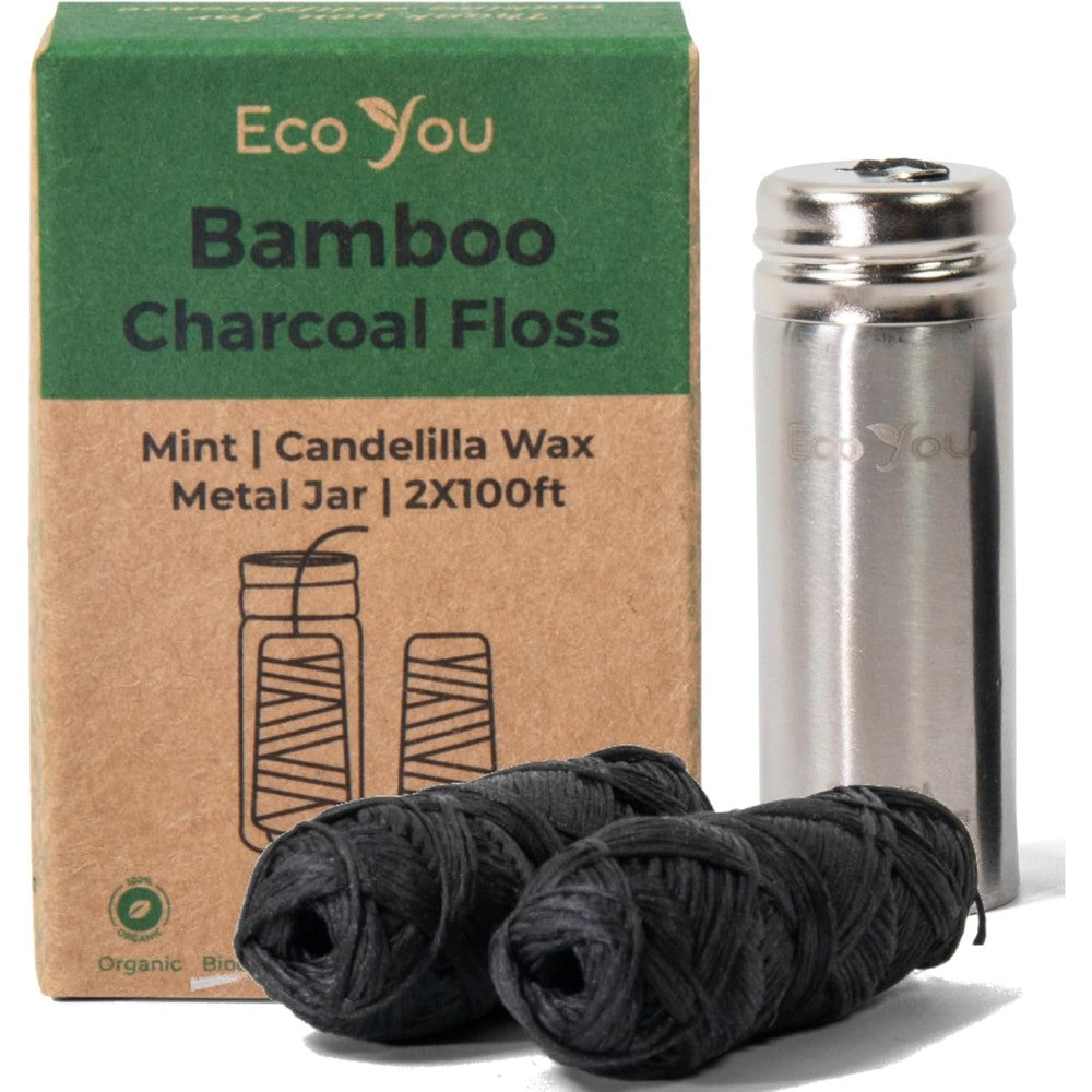 EcoYou Bamboo Charcoal Dental Floss front view with metal container.