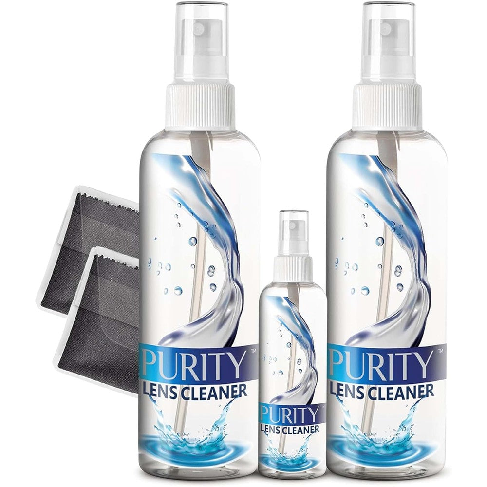Purity Lens Cleaner Kit front view displaying spray bottles and microfiber cloths