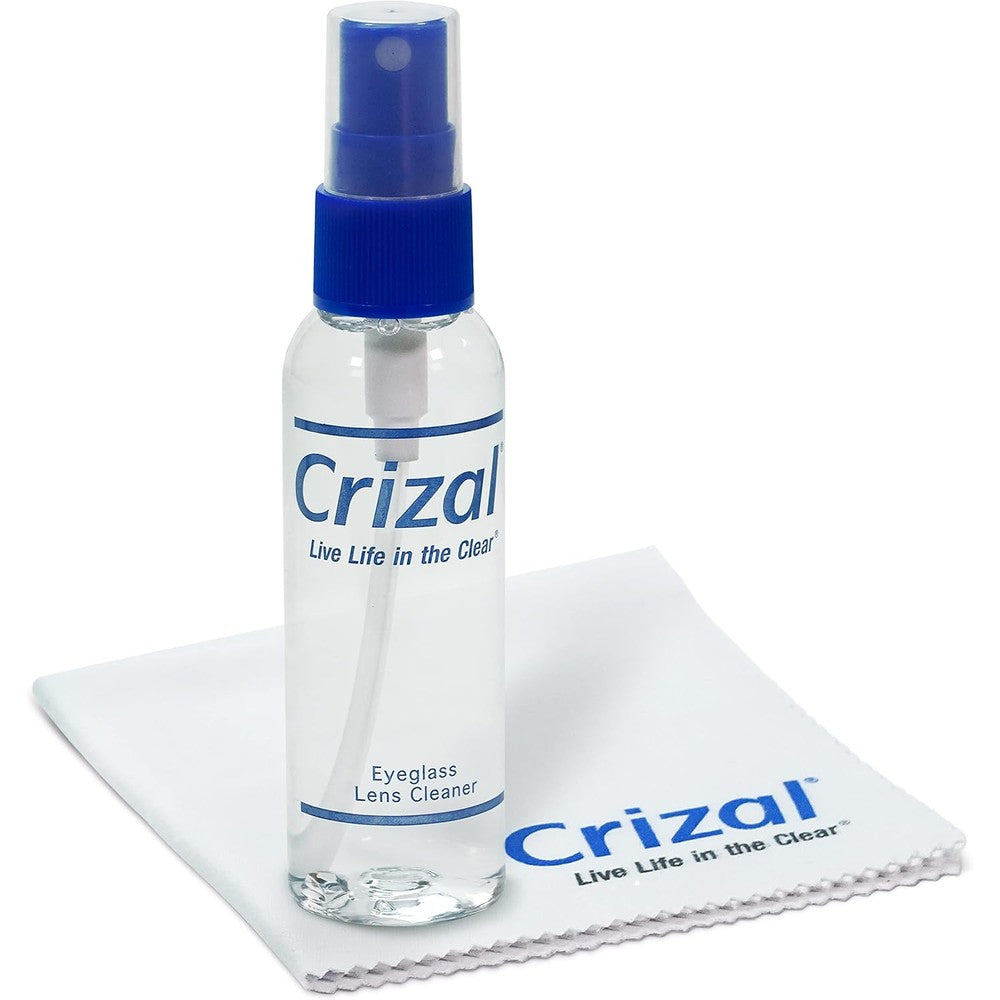 Crizal Eyeglass Lens Cleaning Kit front view featuring the two fluid ounce spray bottle and matching microfiber cloth.
