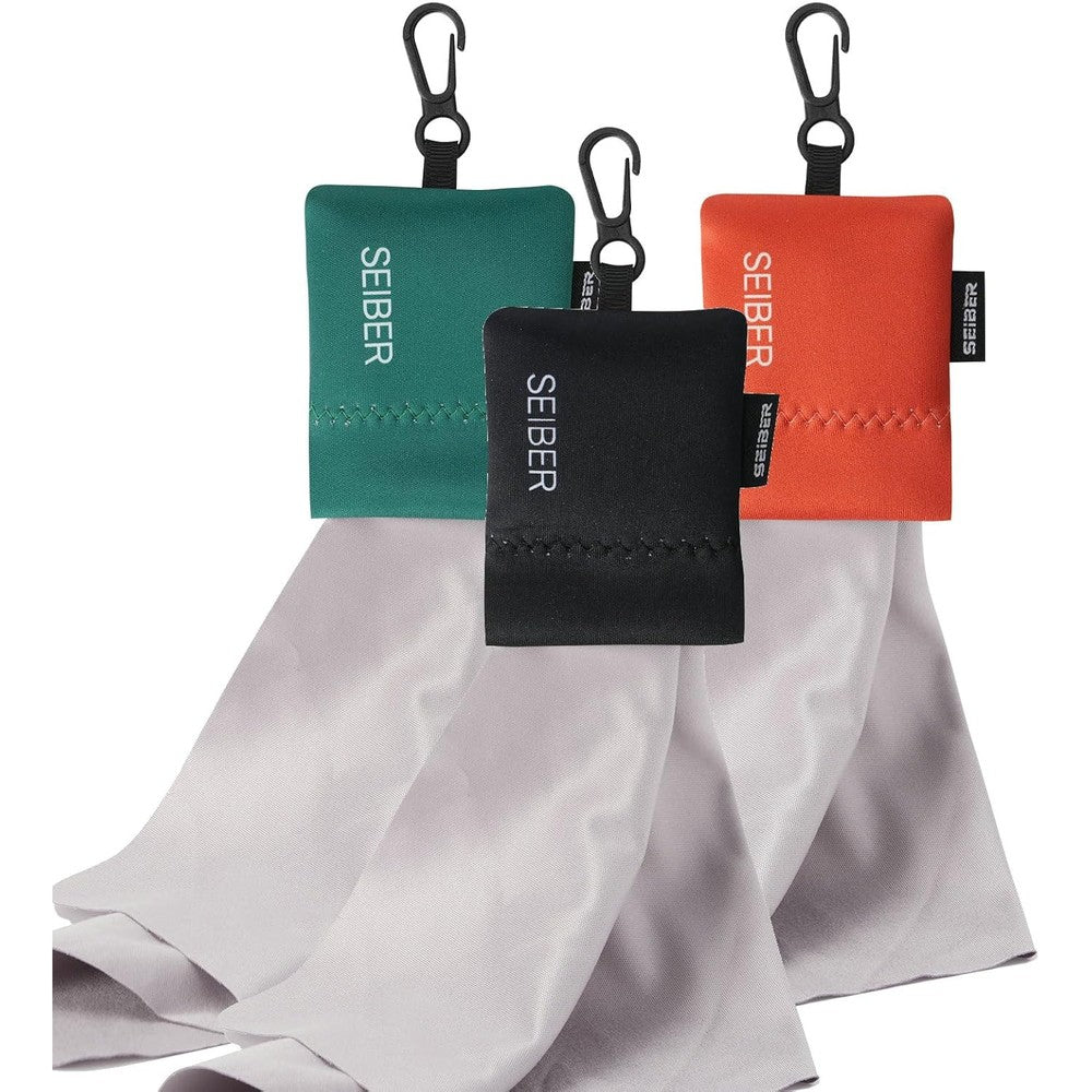 SEIBER eyeglass cleaning microfiber cloth kit front view with black neoprene pouch
