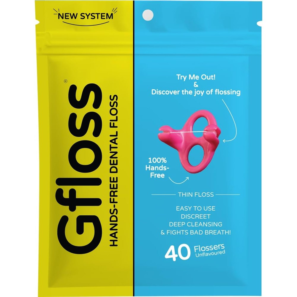 Gfloss Hands-Free Dental Floss 40 Count front packaging view for portable oral care.
