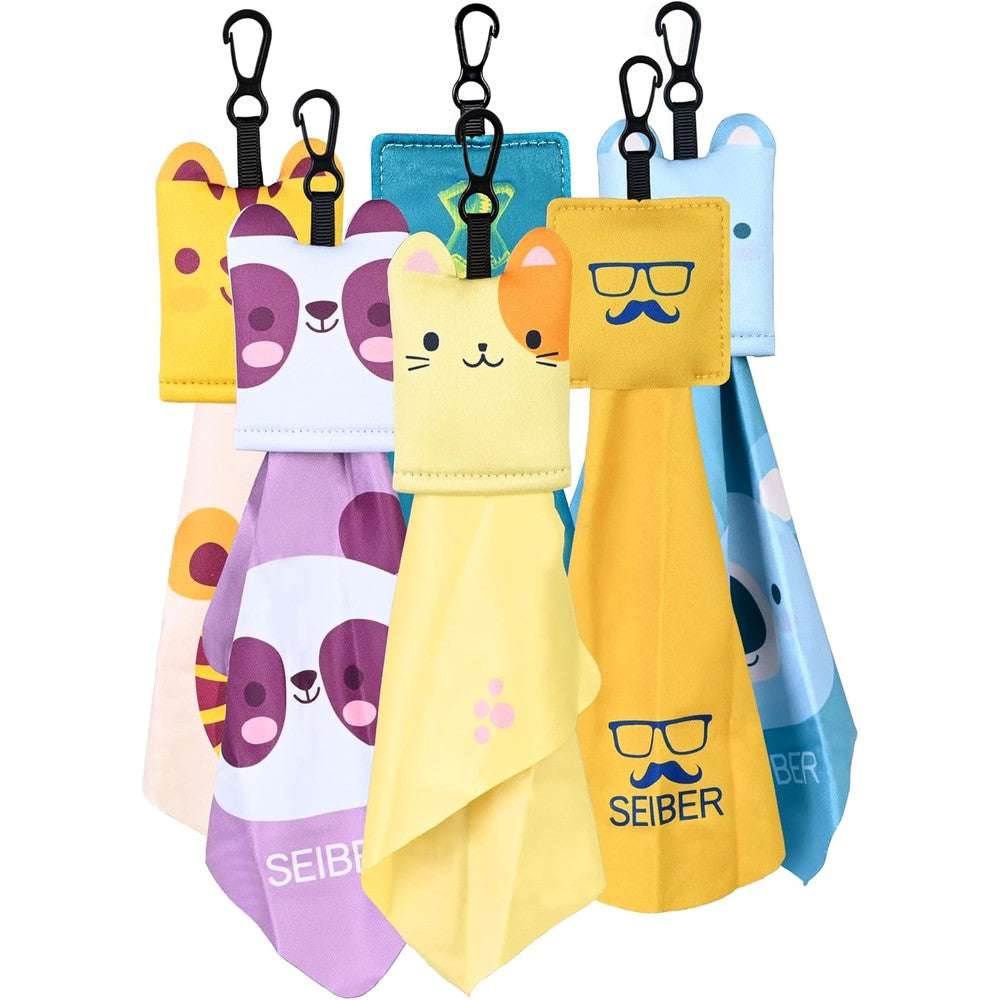 SEIBER Microfiber Glasses Cleaning Cloth front view showcasing the animal themed neoprene pouch and attached keychain clip.