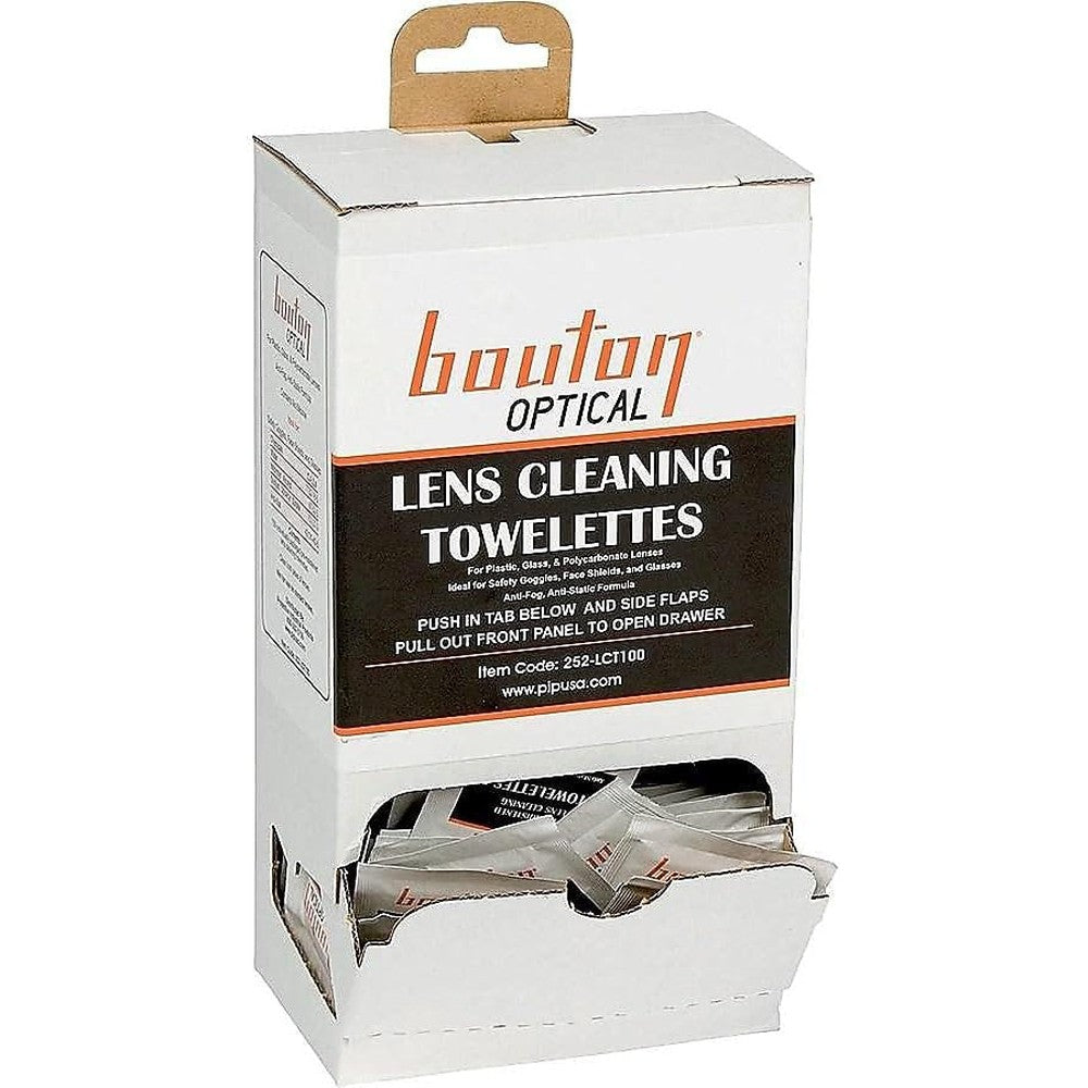 Bouton Optical 252-LCT100 lens cleaning towelette dispenser front view showing 100 count pre-moistened packets