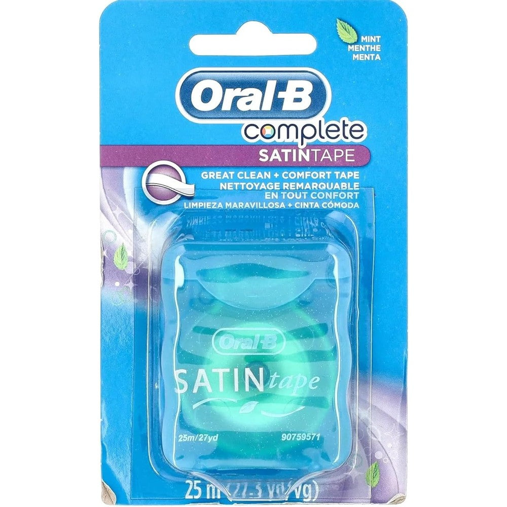 Oral-B Satin Tape Mint Dental Floss 6-pack front view for plaque removal.