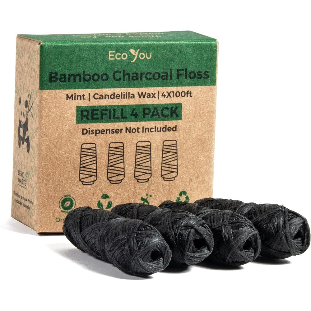 EcoYou Bamboo Charcoal Dental Floss 4 Refills Pack front view eco friendly packaging