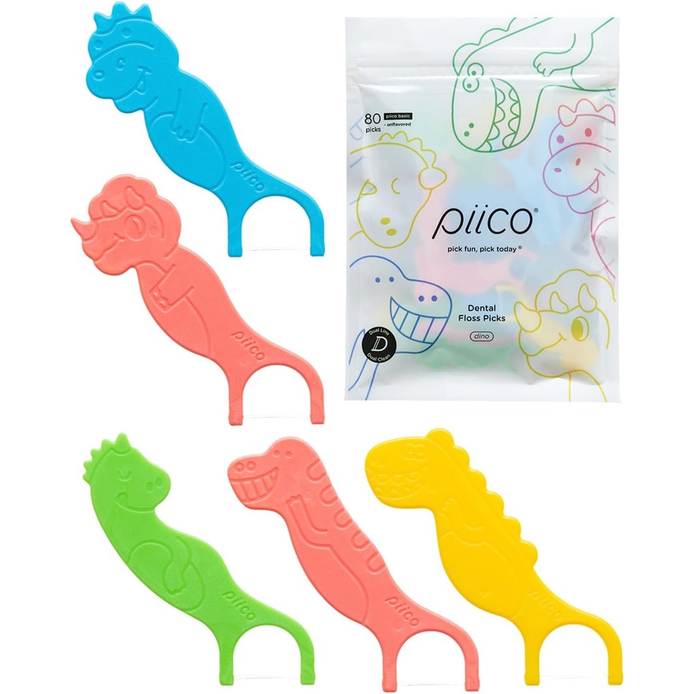 Piico Kids Floss Picks front view of 80 count dinosaur themed packaging.
