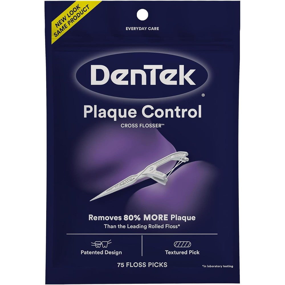 DenTek Cross Flosser Plaque Control Floss Picks front packaging view for oral care.