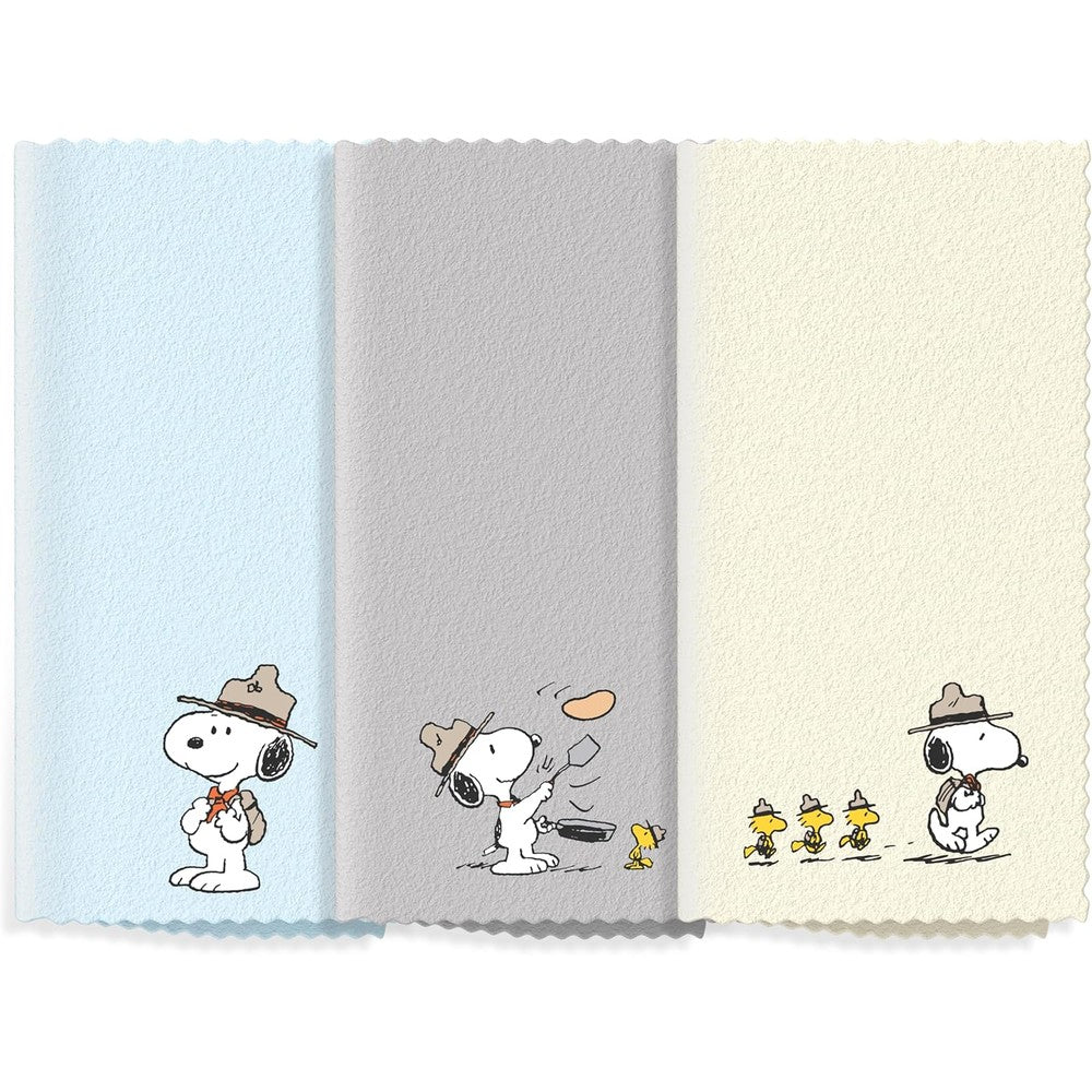 Purgenic Snoopy Microfiber Lens and Glasses Cleaning Cloth 3 Pack front view showing outdoor scouting designs