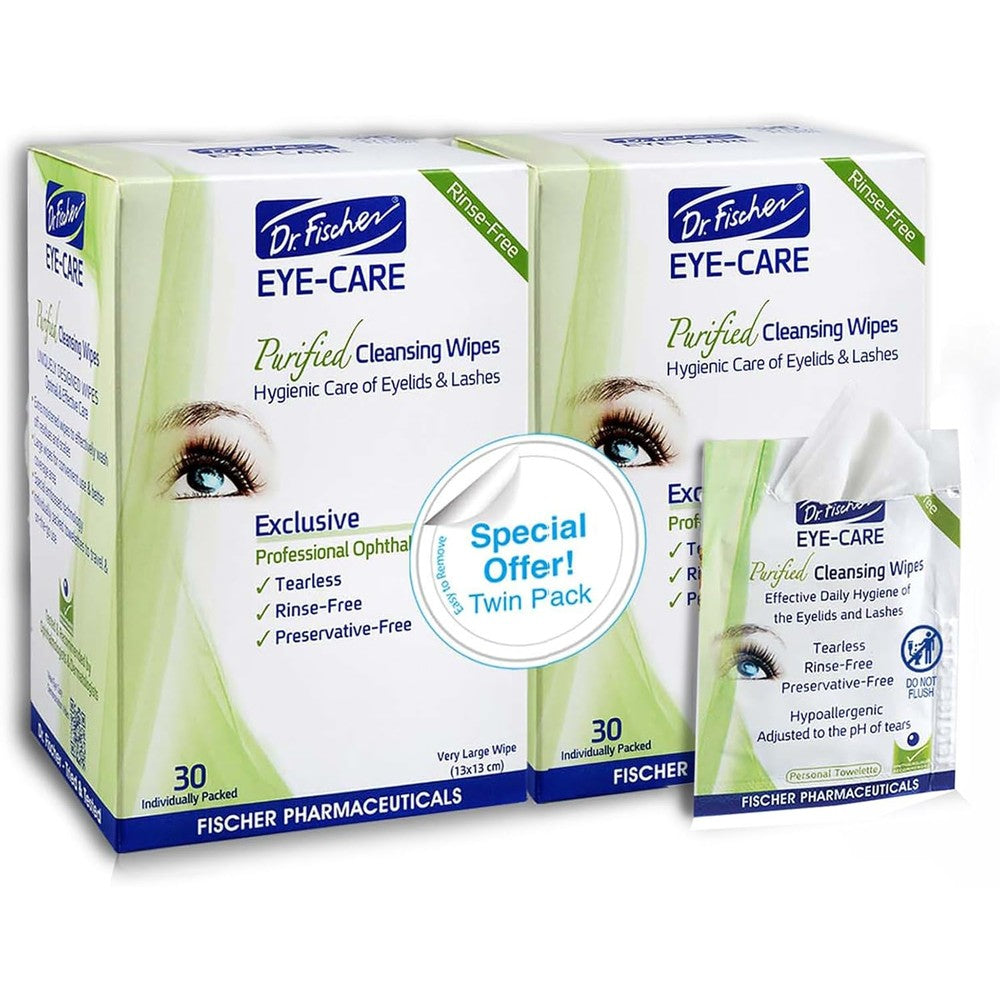 Dr. Fischer Eyelid Wipes front view of twin pack packaging showcasing eye care benefits.