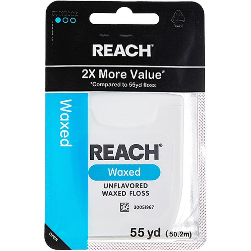 REACH Waxed Dental Floss Unflavored 55 Yards front view for plaque removal