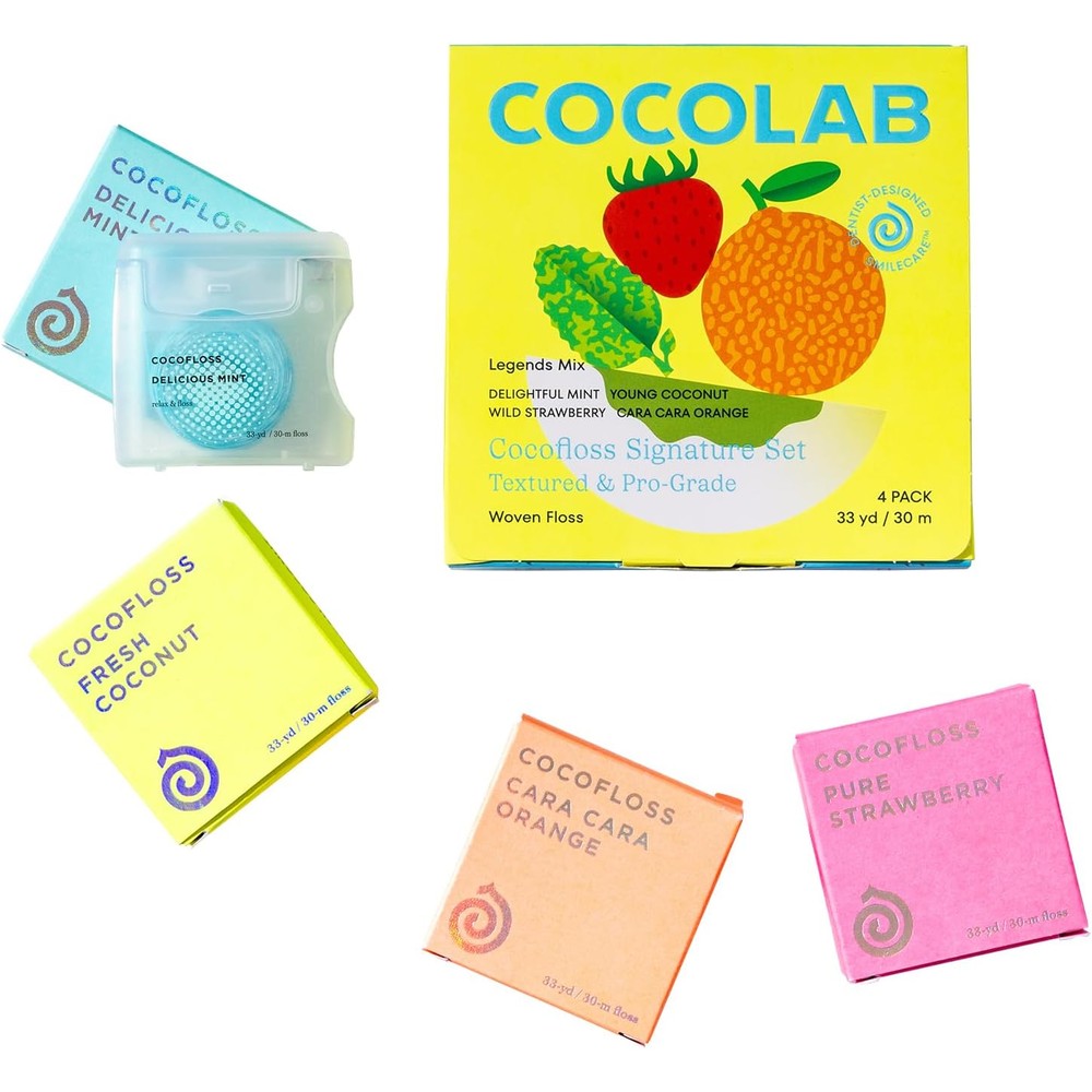 Cocolab Cocofloss 4-pack variety set showing mint coconut orange and strawberry spools.