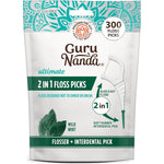 GuruNanda 2 in 1 Dental Floss Picks front view of the 300 count pack displaying the mint flavor oral care branding.