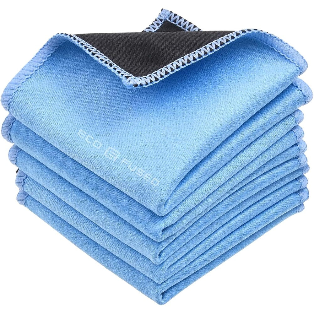 Eco-Fused microfiber cleaning cloths 5 pack front view showing double-sided material textures.
