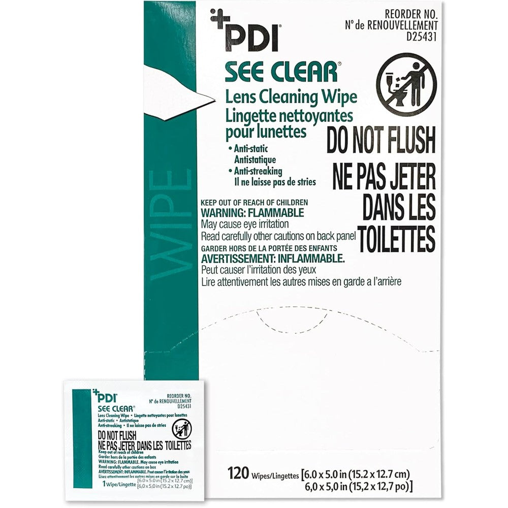 PDI See Clear Lens Cleaning Wipes 120 box front view for spectacle care