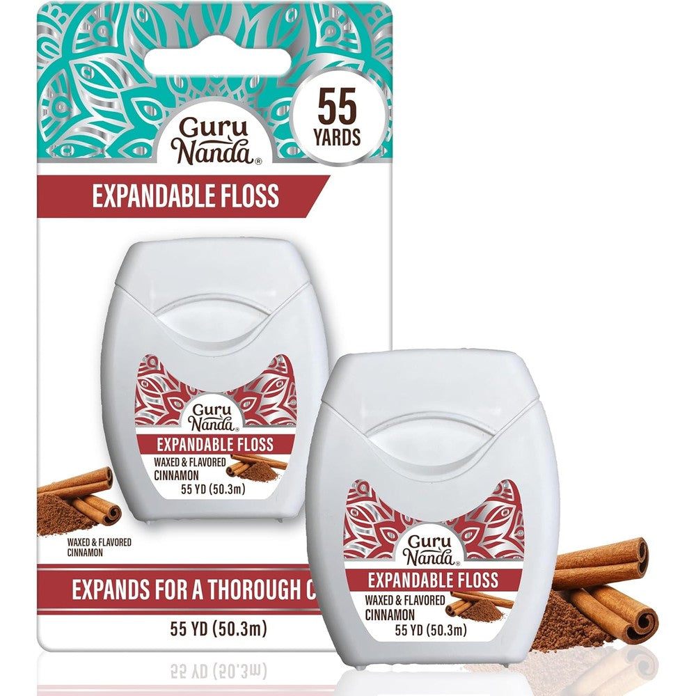 GuruNanda Expandable Waxed Dental Floss front view showing cinnamon flavor packaging.