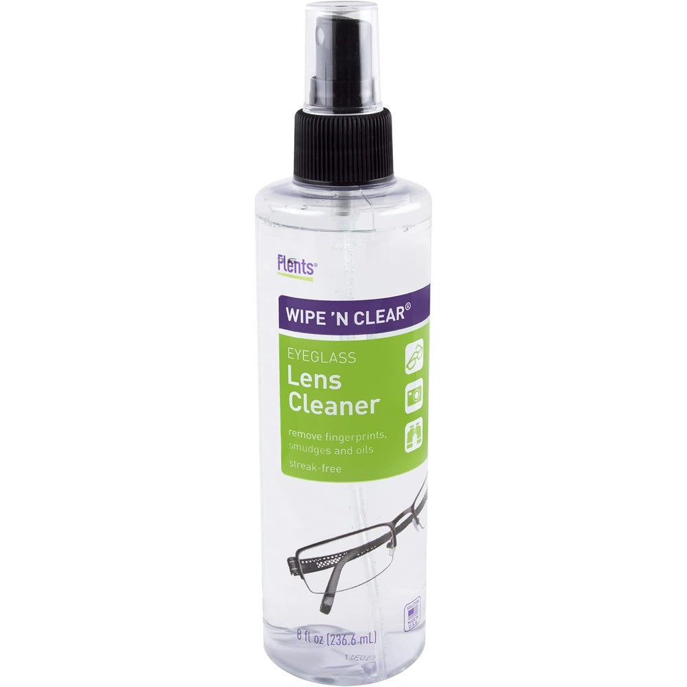 Flents Wipe N Clear Eyeglass Lens Cleaner front view bottle for streak-free glasses