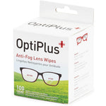 OptiPlus anti fog pre moistened lens cleaning wipes box front view showing 100 count packaging.