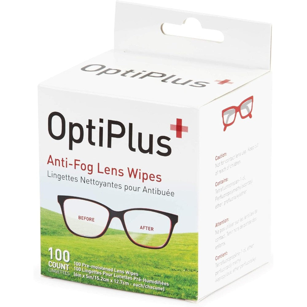 OptiPlus anti fog pre moistened lens cleaning wipes box front view showing 100 count packaging.