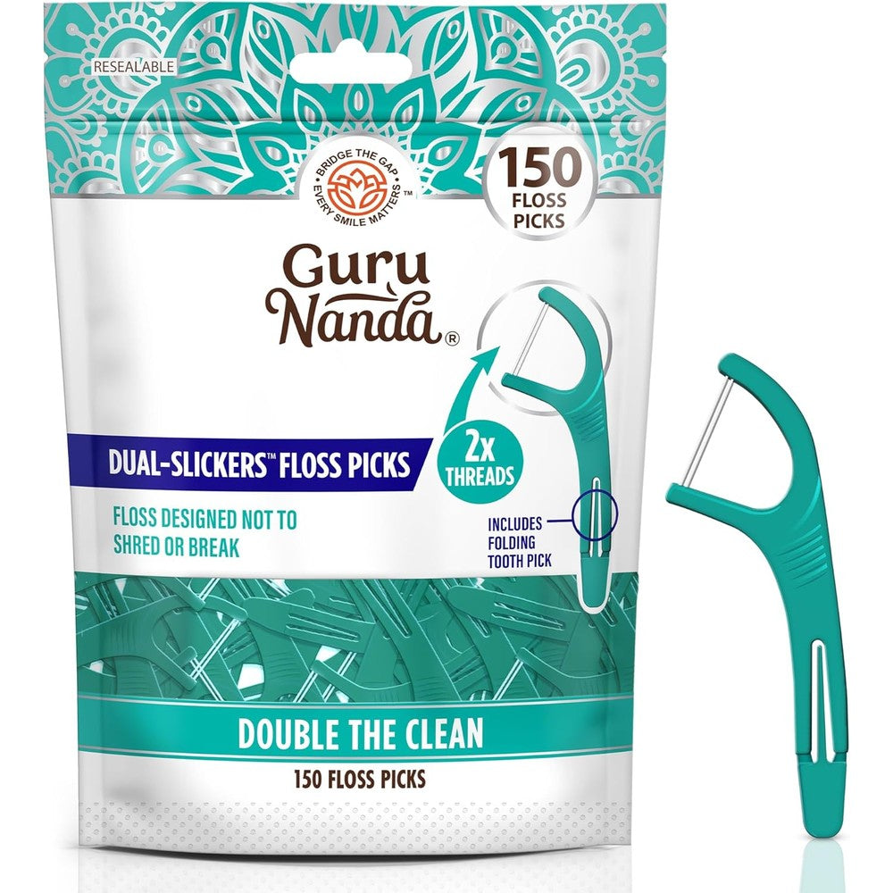 GuruNanda Dual Slickers Floss Picks front view 150 count pack for dental hygiene.
