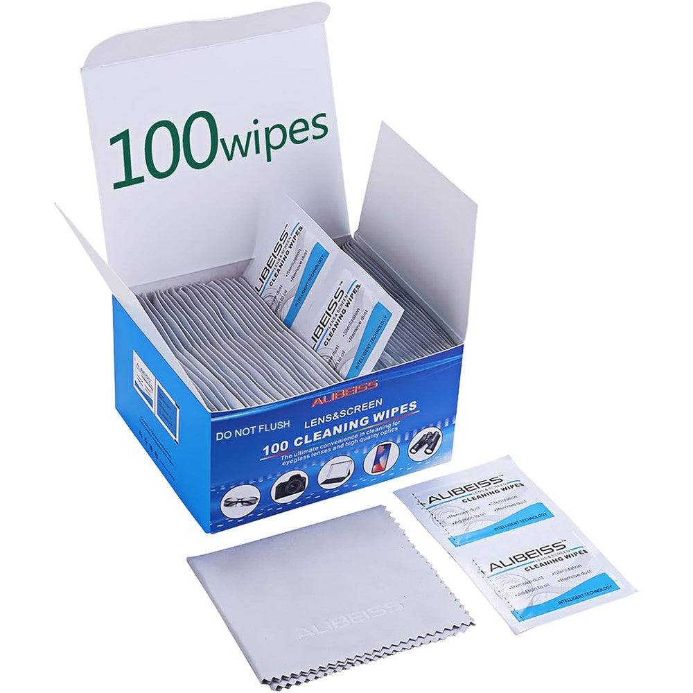 ALIBEISS pre moistened lens wipes pack of 100 front view box