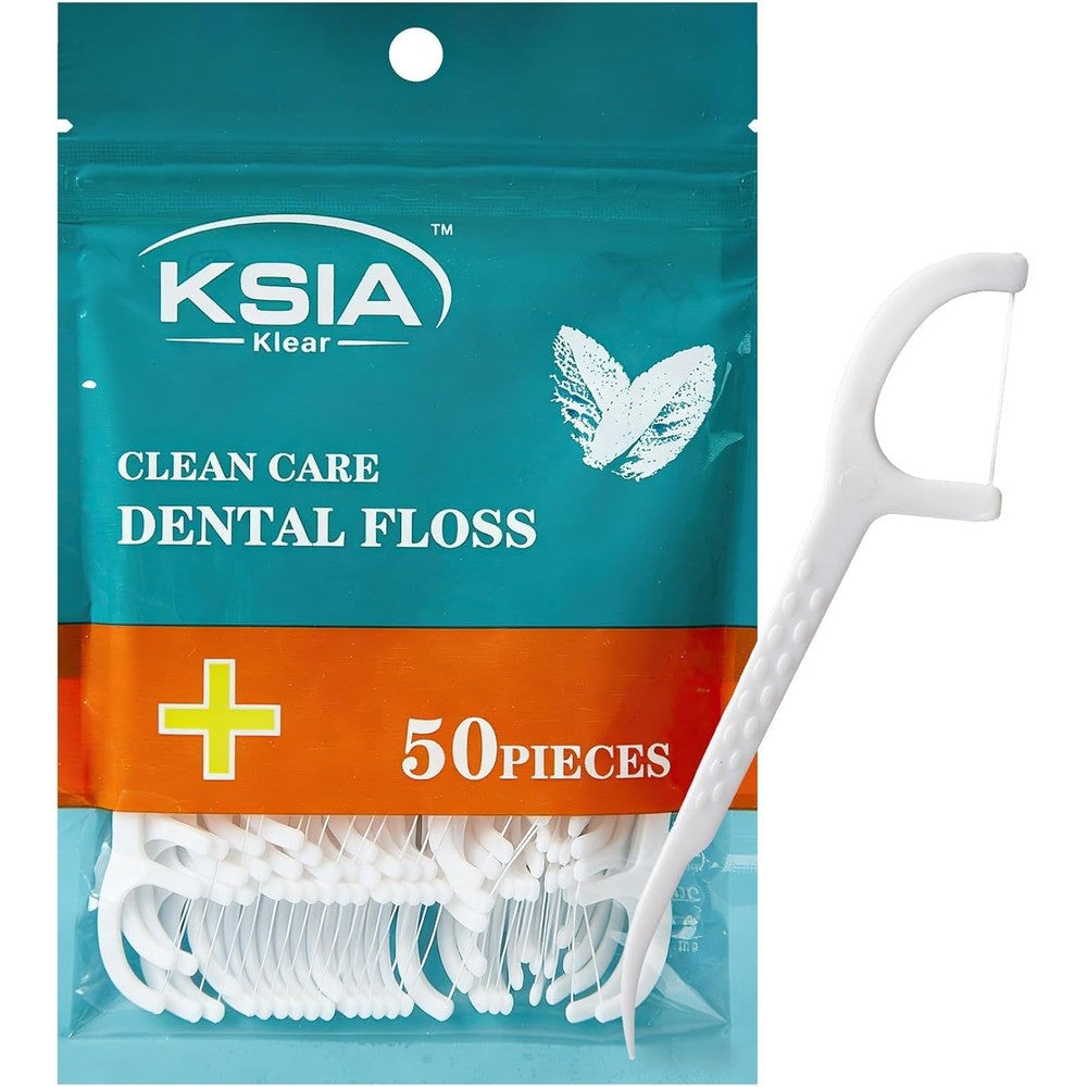 KSIA Klear Dental Floss Picks front view of the fifty count resealable travel pouch showcasing authentic oral care packaging.