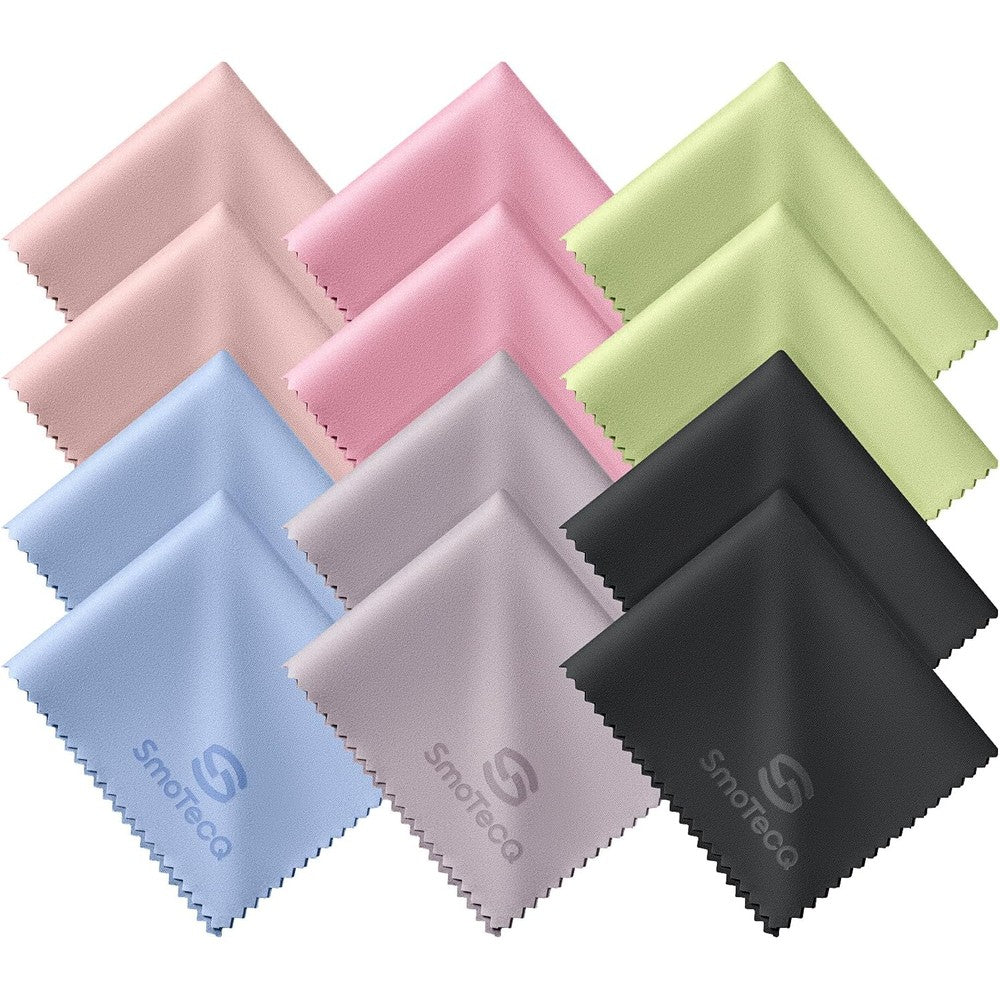 SmoTecQ 12 Pack Microfiber Lens Cleaning Cloths front view showing assorted colors.