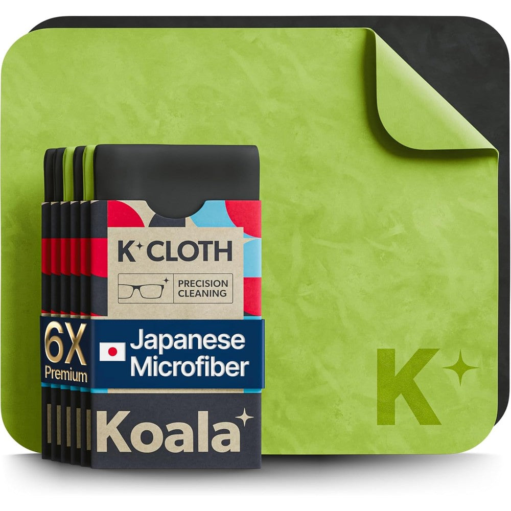 Koala Lifestyle lens cleaning cloth front view showing black and green microfiber fabric package