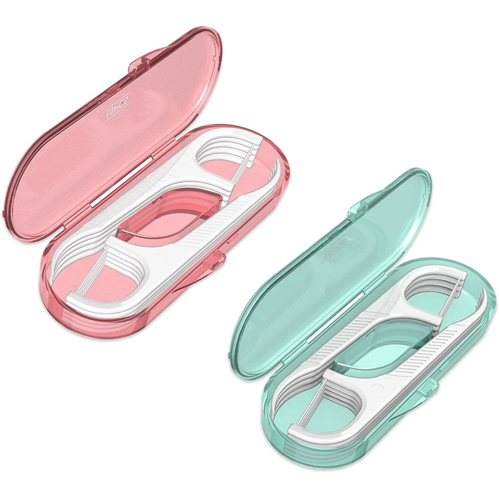 LIAMOSS portable dental floss picks travel case front view showing pink and green options