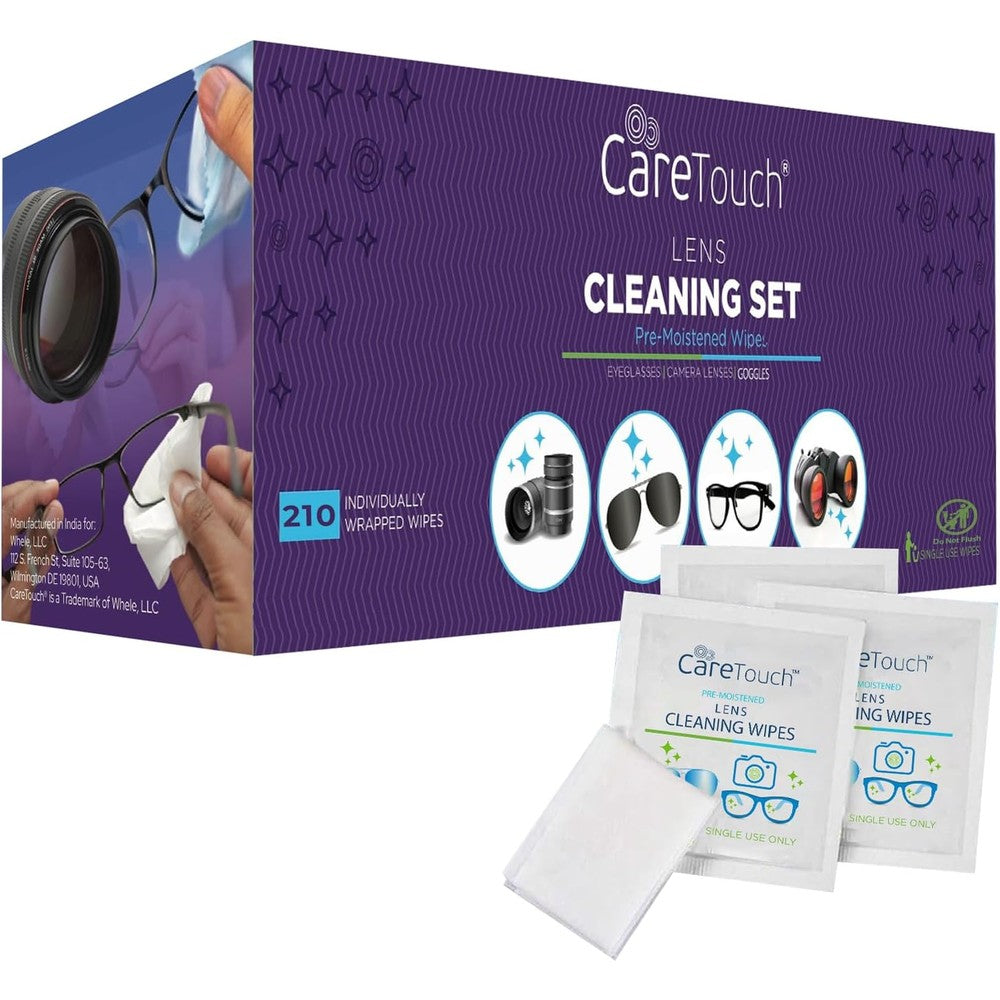 Care Touch lens cleaning wipes box front view showing authentic imported packaging
