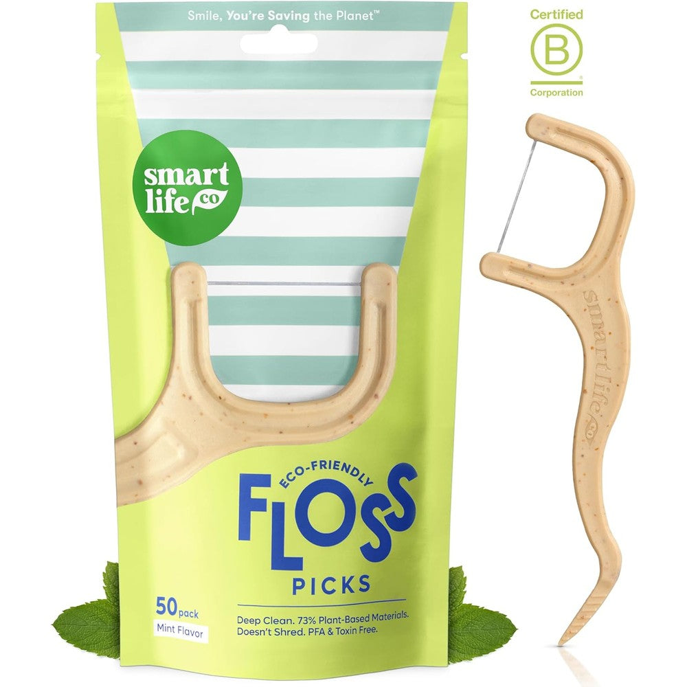 SmartLifeco Eco Friendly Dental Floss Picks 50 count front packaging view showing sustainable straw wheat design