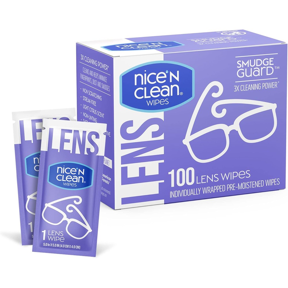 Nice N Clean SmudgeGuard Lens Cleaning Wipes retail box front view showing packaging details.