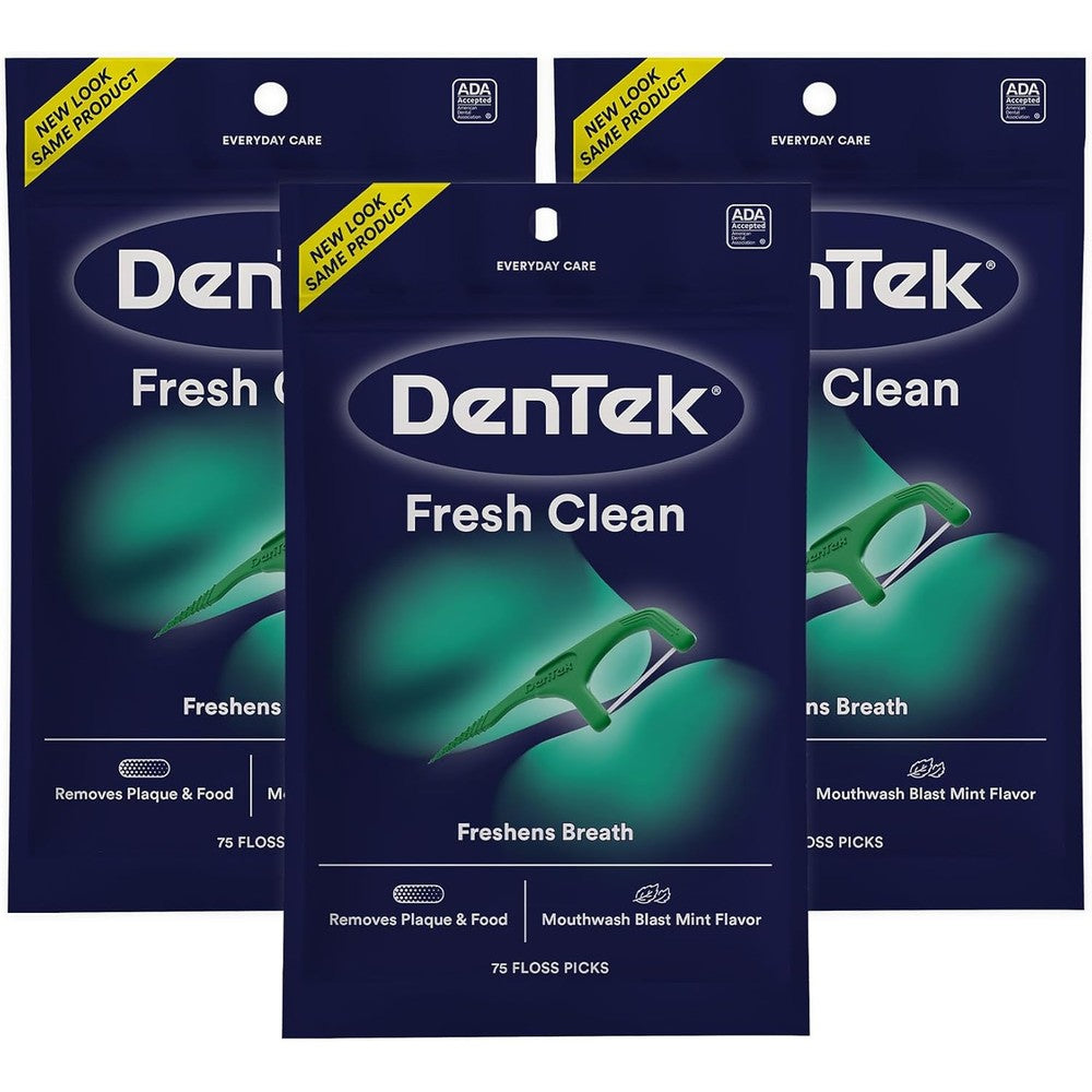 DenTek Fresh Clean Floss Picks front view of the 3 pack packaging highlighting extra tight teeth support.