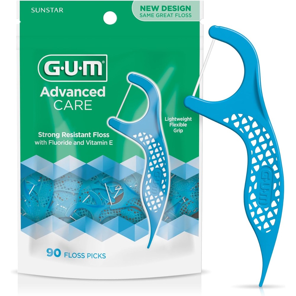 GUM Advanced Care Floss Picks front packaging 90 count pack for plaque removal.