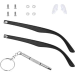 KALIONE glasses arm replacement kit front view showing black replacement legs with complete hardware accessories