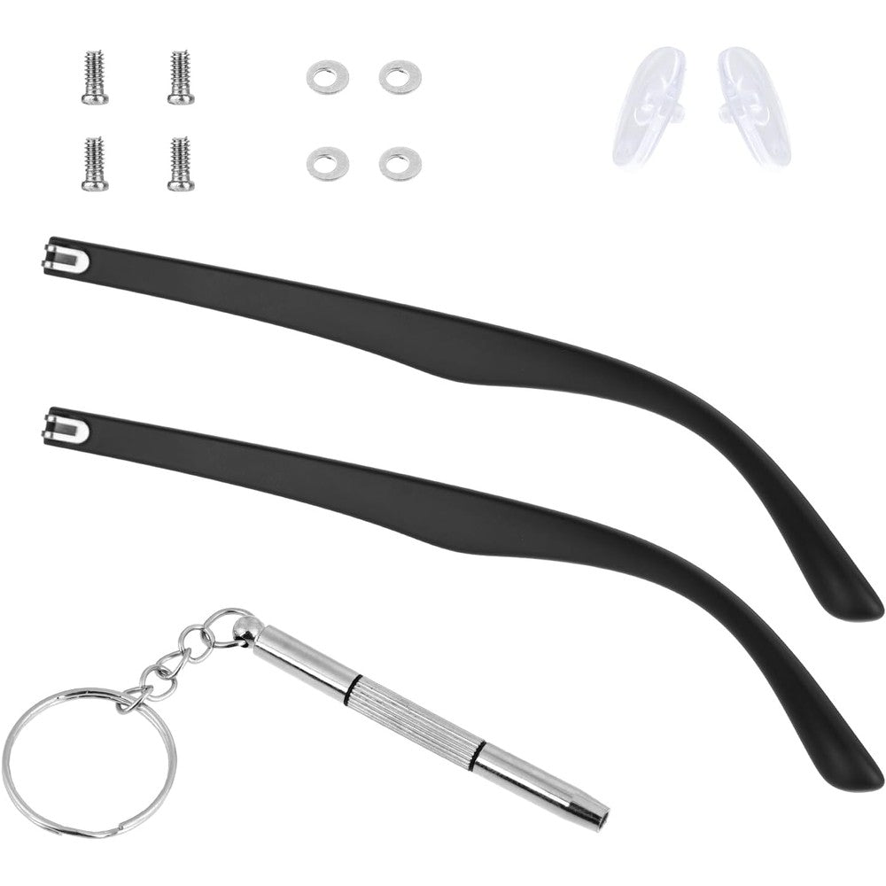 KALIONE glasses arm replacement kit front view showing black replacement legs with complete hardware accessories