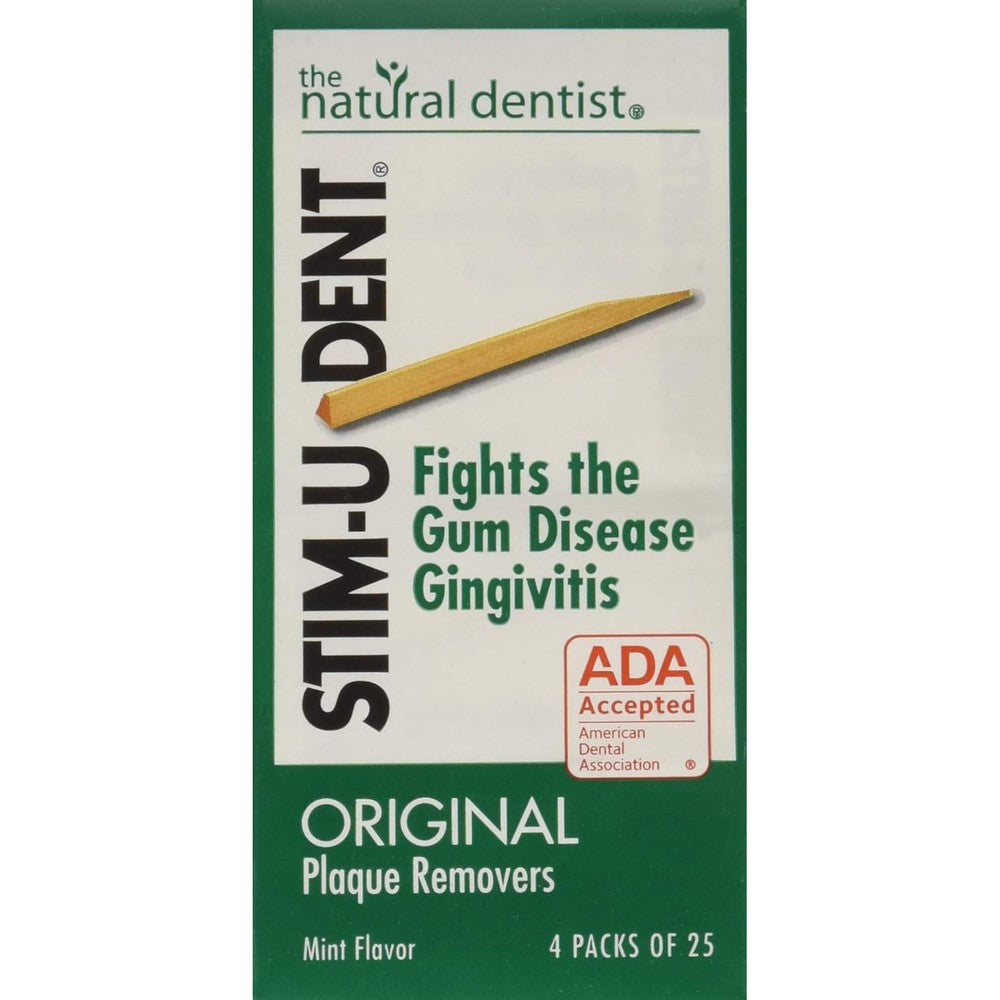 Stim-U-Dent Original Plaque Removers Mint 100 count front packaging showing wooden interdental picks.