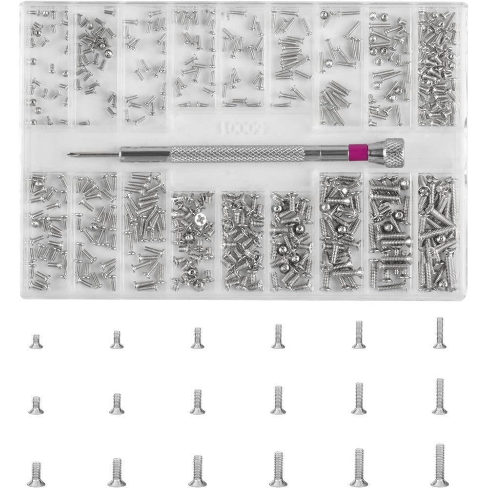 HexinYigjly 500 pack self tapping micro screws repair kit shown in a clear compartmentalized plastic storage box