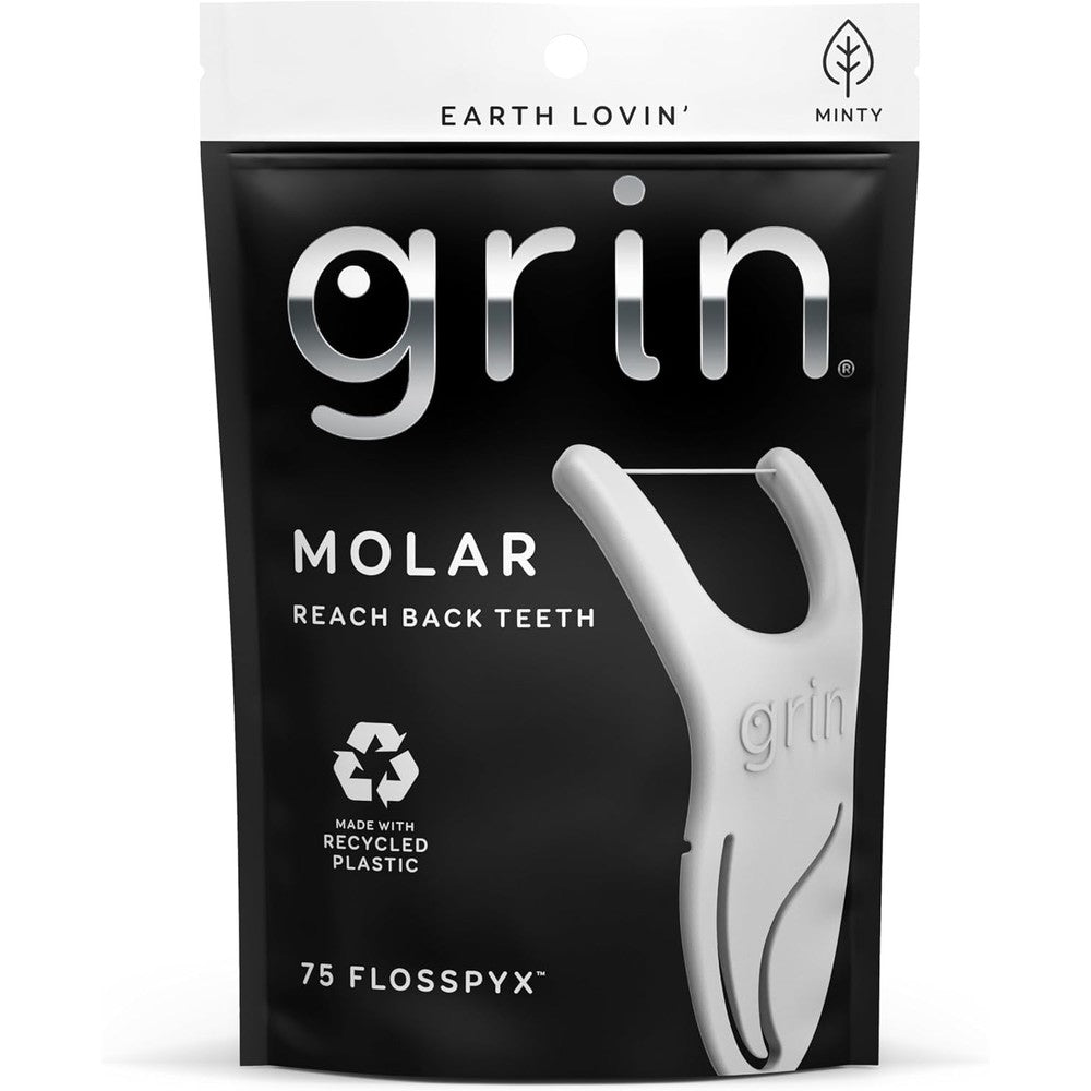 Grin Molar Flosspyx 75 count pack front view showcasing eco-friendly mint dental flossers