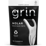Grin Molar Flosspyx 75 count pack front view showcasing eco-friendly mint dental flossers